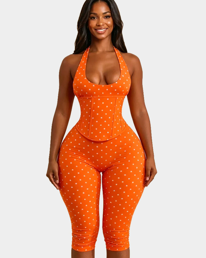 Sanduhrfigur-Figurformer Taillenformer gepunkteter Capri-Jumpsuit zweiteiliges Set