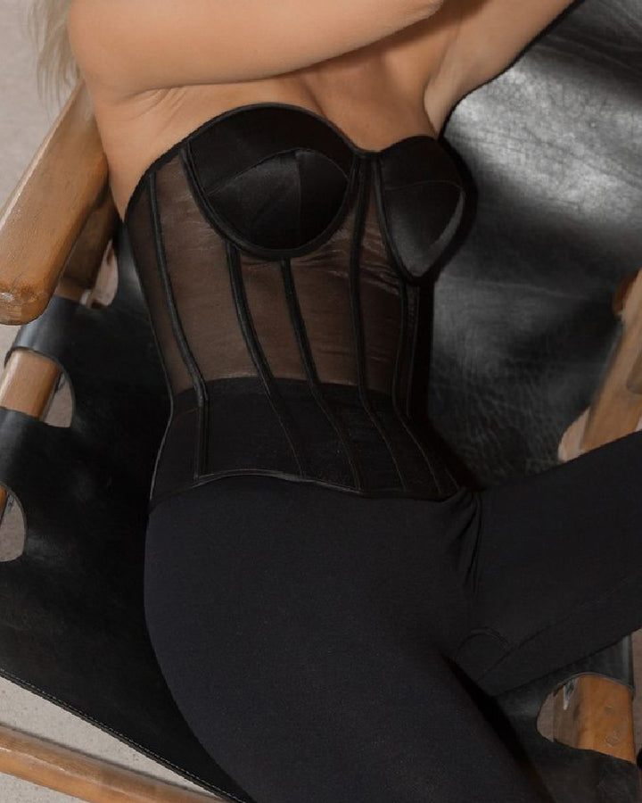 Damen Sexy Mesh Überbrust Korsett Vintage Durchsichtig Bustiers