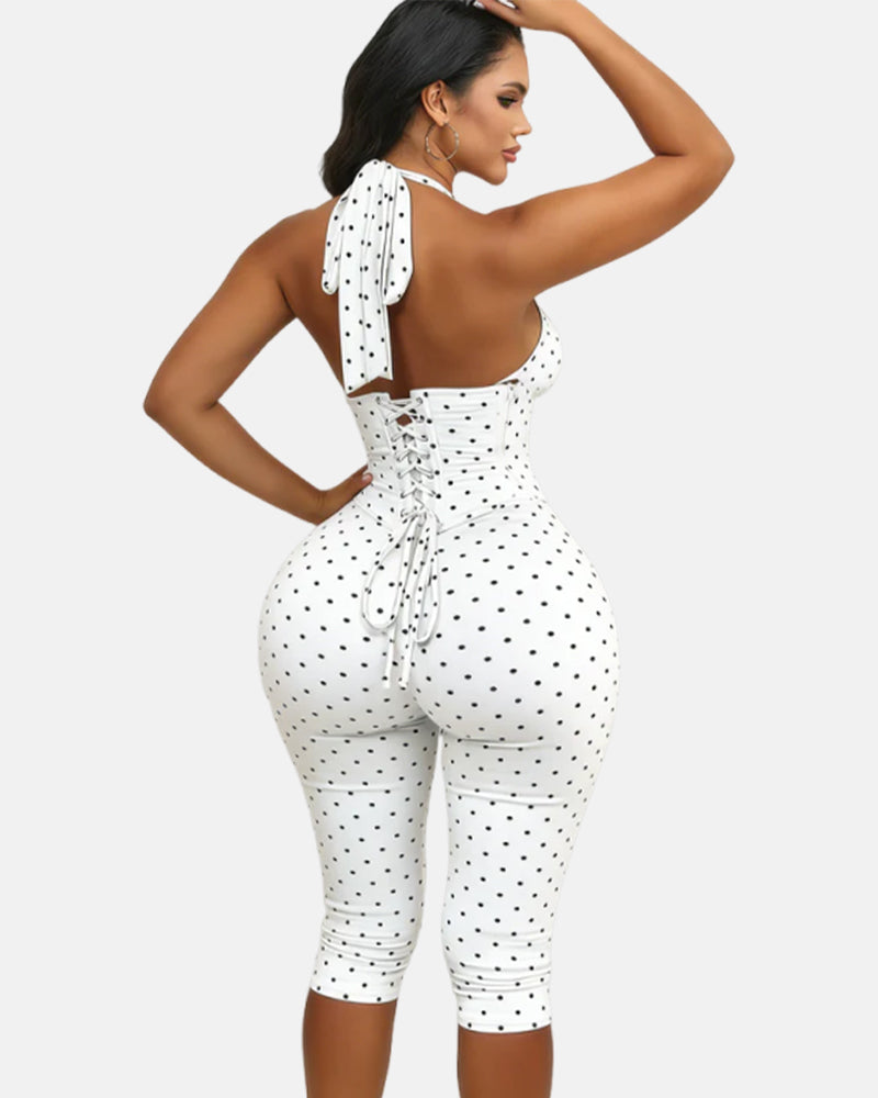 Sanduhrfigur-Figurformer, Taillenformer, gepunkteter Capri-Jumpsuit, zweiteiliges Set