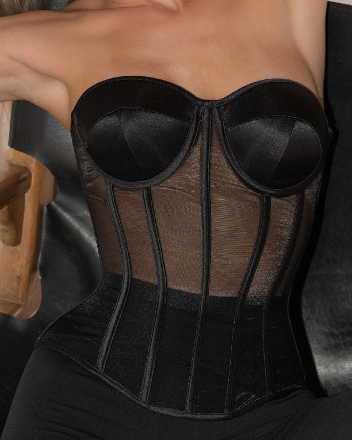 Damen Sexy Mesh Überbrust Korsett Vintage Durchsichtig Bustiers