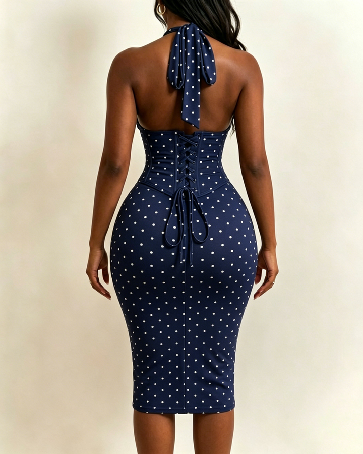 Gepunktetes Midikleid mit Korsett Halter und Schnürung am Rücken