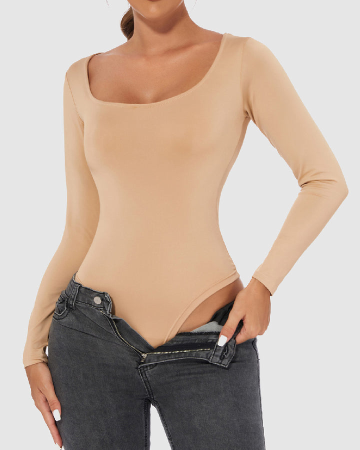 Damen Nahtloses Langarm Tanga Bodysuit mit Quadrat Ausschnitt