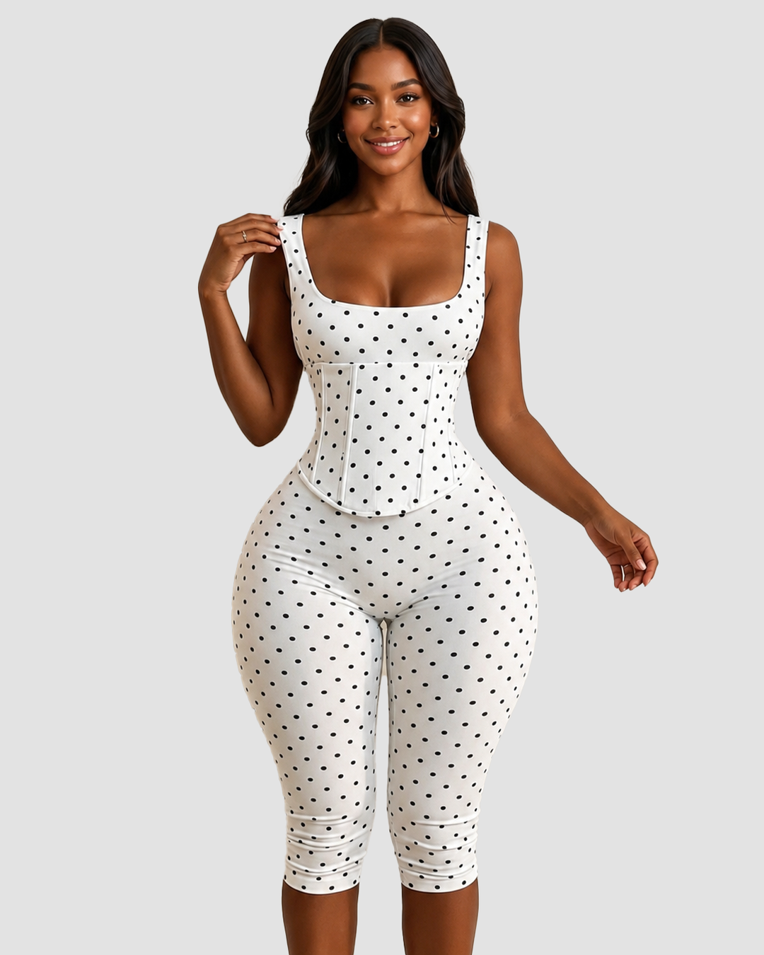 Zweiteiliger Capri Jumpsuit mit Polka Dots und abnehmbarem Korsett in Sanduhrform
