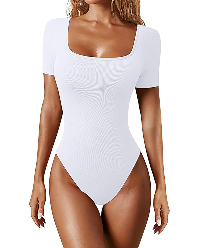 Sexy Gerippter Eckiger Ausschnitt Kurzärmeliger Kragen Tanga Bodysuit