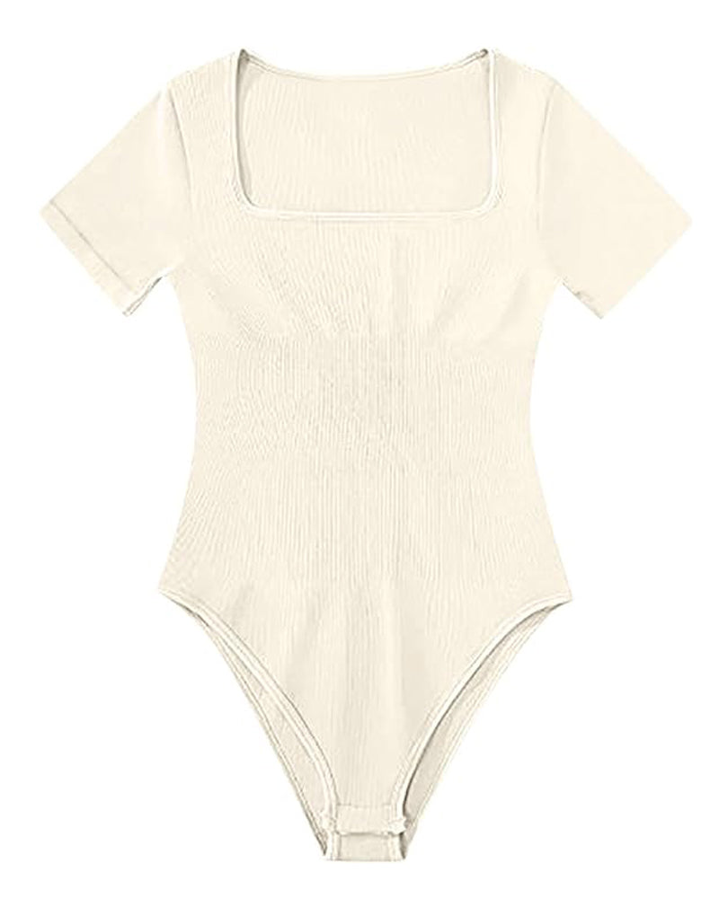Sexy Gerippter Eckiger Ausschnitt Kurzärmeliger Kragen Tanga Bodysuit