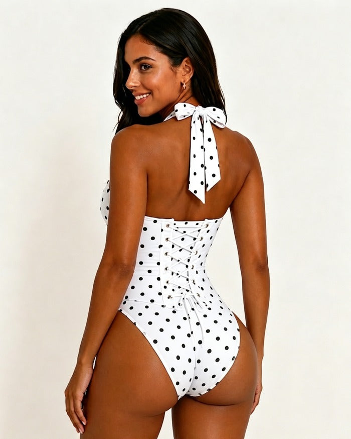 Gepunktetes Midikleid mit Korsett Halter und Schnürung am Rücken
