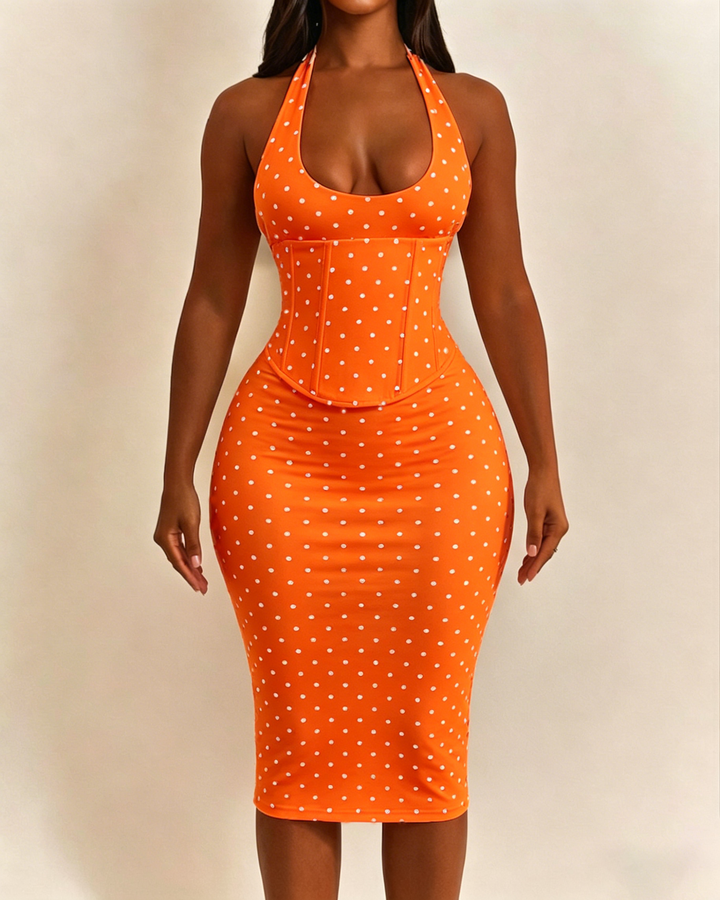 Gepunktetes Midikleid mit Korsett Halter und Schnürung am Rücken