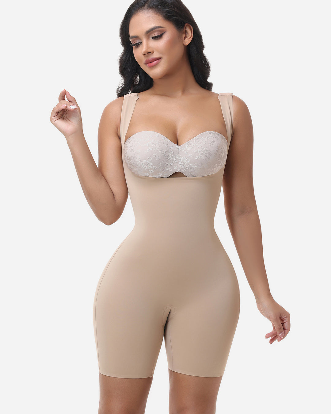 Nahtlose ärmellose Shapewear Offenem Brust Bodysuit