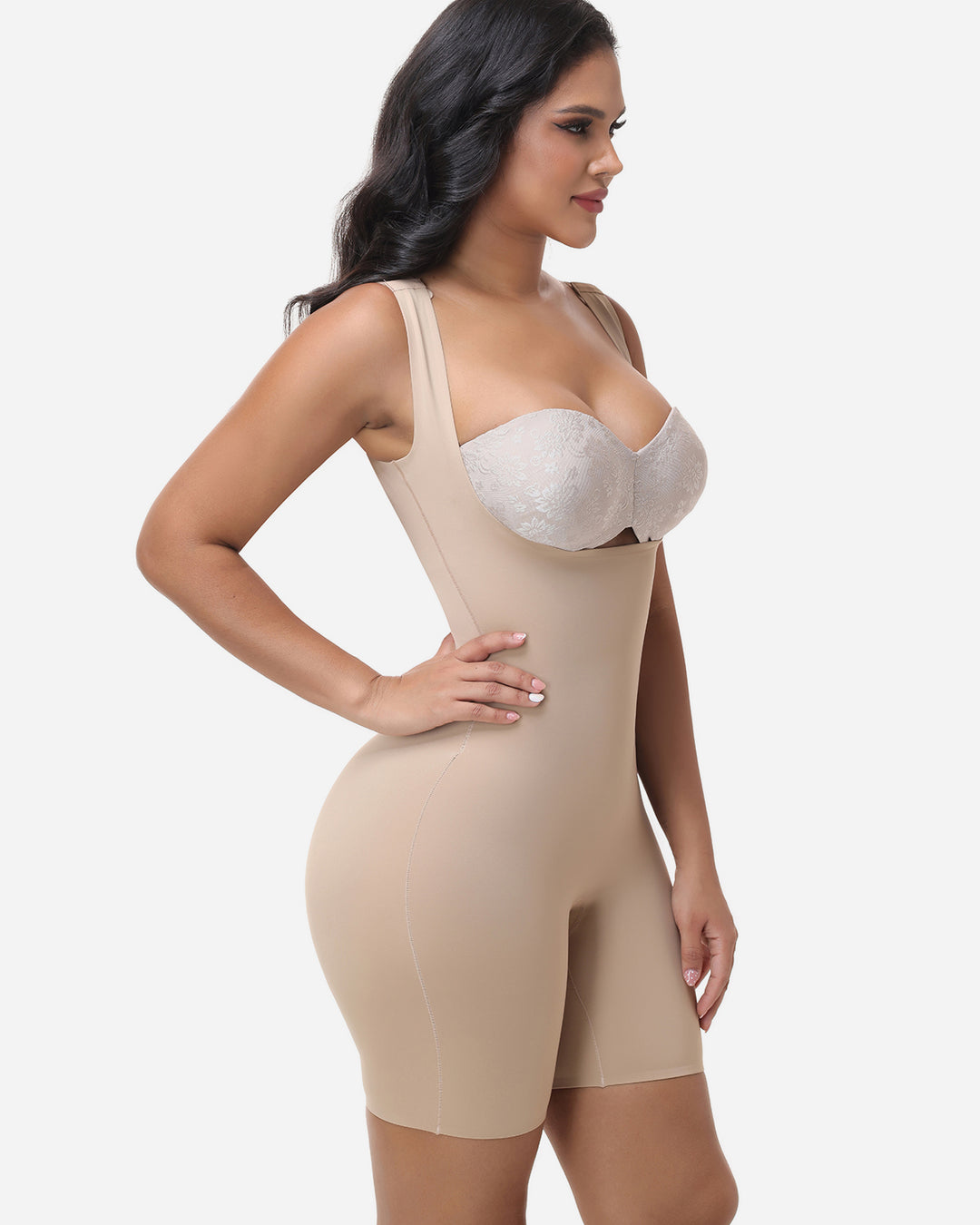 Nahtlose ärmellose Shapewear Offenem Brust Bodysuit