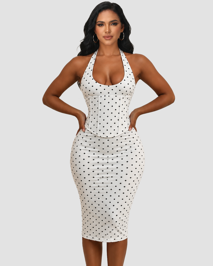 Gepunktetes Midikleid mit Korsett Halter und Schnürung am Rücken