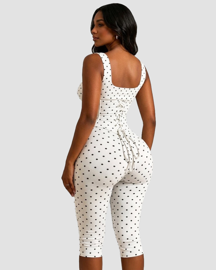 Zweiteiliger Capri Jumpsuit mit Polka Dots und abnehmbarem Korsett in Sanduhrform