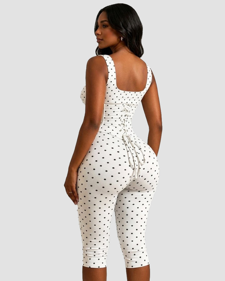 Zweiteiliger Capri Jumpsuit mit Polka Dots und abnehmbarem Korsett in Sanduhrform