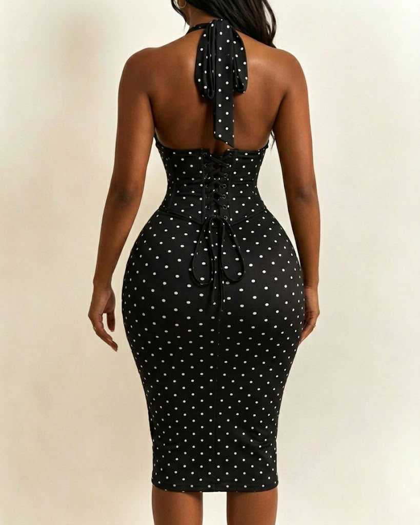Gepunktetes Midikleid mit Korsett Halter und Schnürung am Rücken