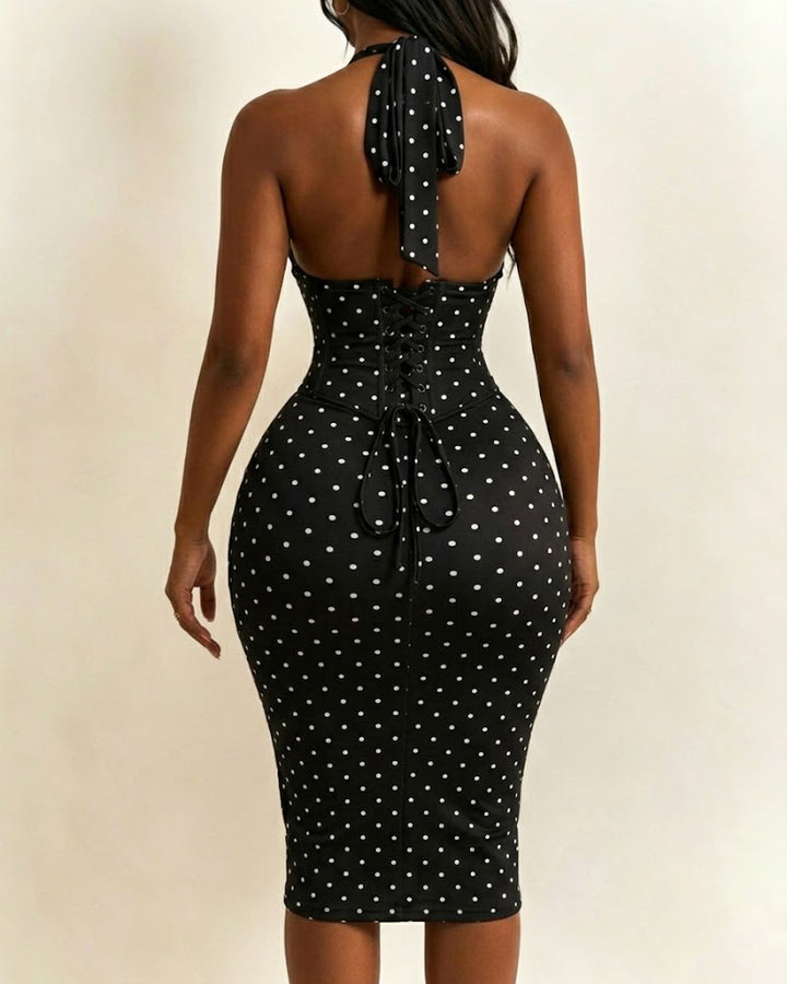 Gepunktetes Midikleid mit Korsett Halter und Schnürung am Rücken