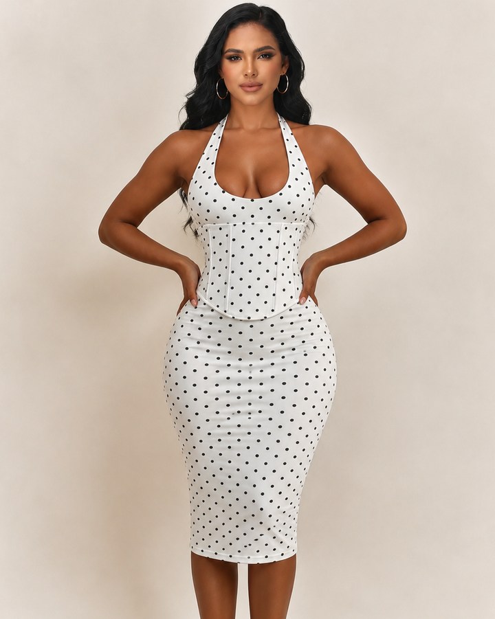 Gepunktetes Midikleid mit Korsett Halter und Schnürung am Rücken