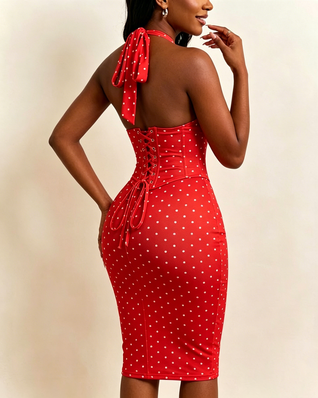 Gepunktetes Midikleid mit Korsett Halter und Schnürung am Rücken