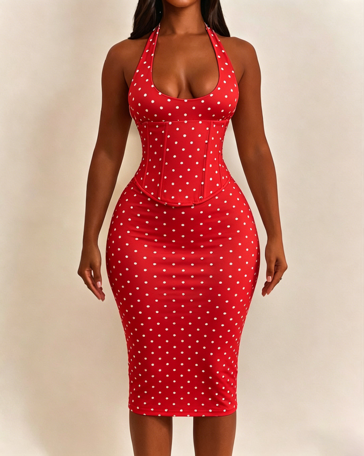 Gepunktetes Midikleid mit Korsett Halter und Schnürung am Rücken