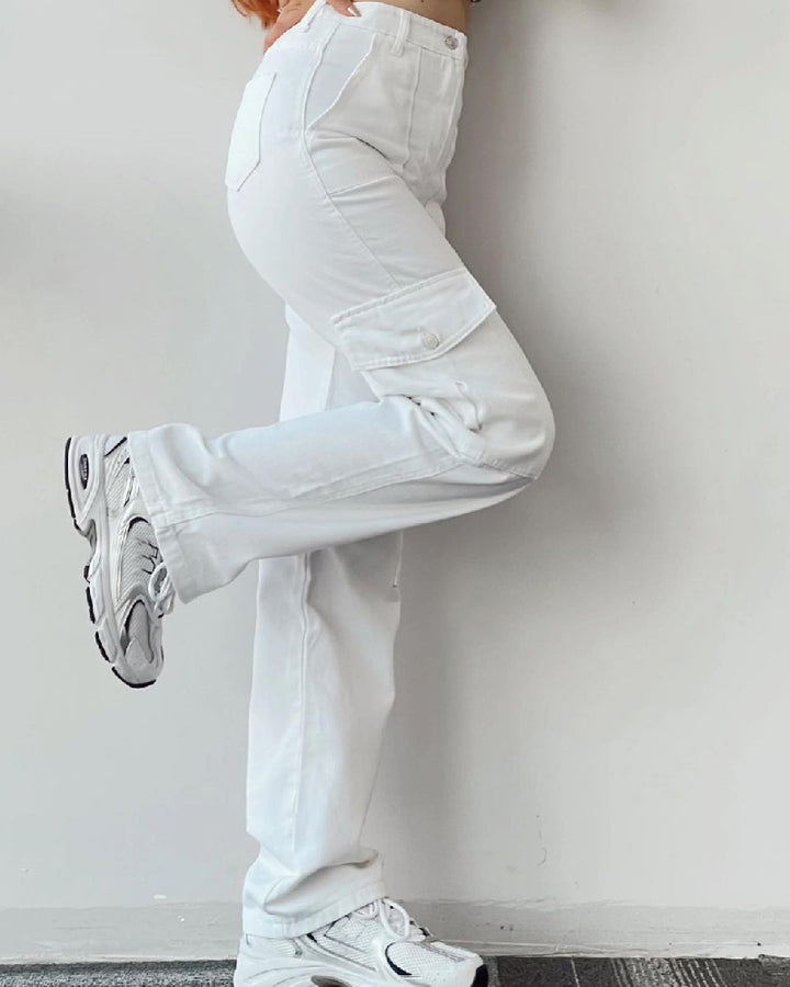 Mittlere Taille Weite Bein Cargo Jeans mit Taschen