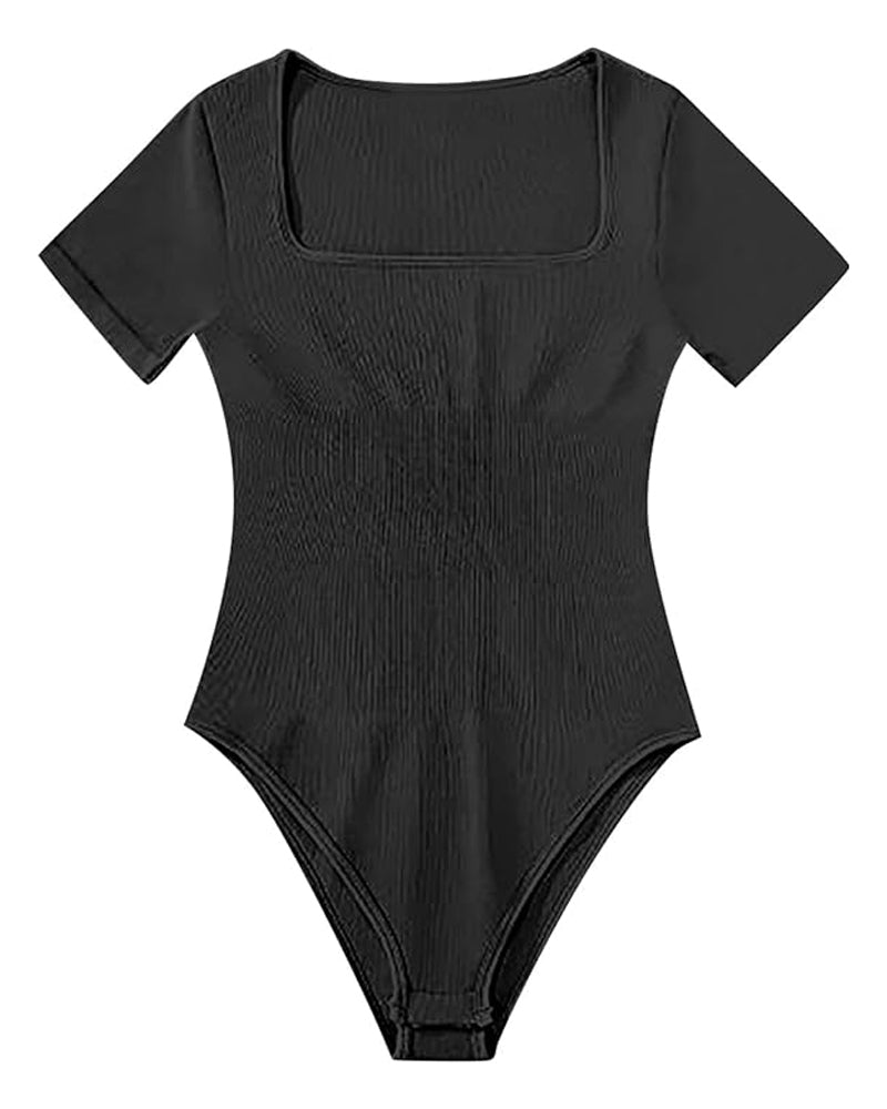 Sexy Gerippter Eckiger Ausschnitt Kurzärmeliger Kragen Tanga Bodysuit