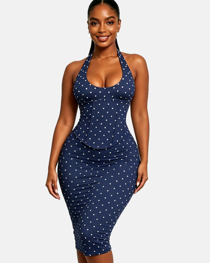 Gepunktetes Midikleid mit Korsett Halter und Schnürung am Rücken