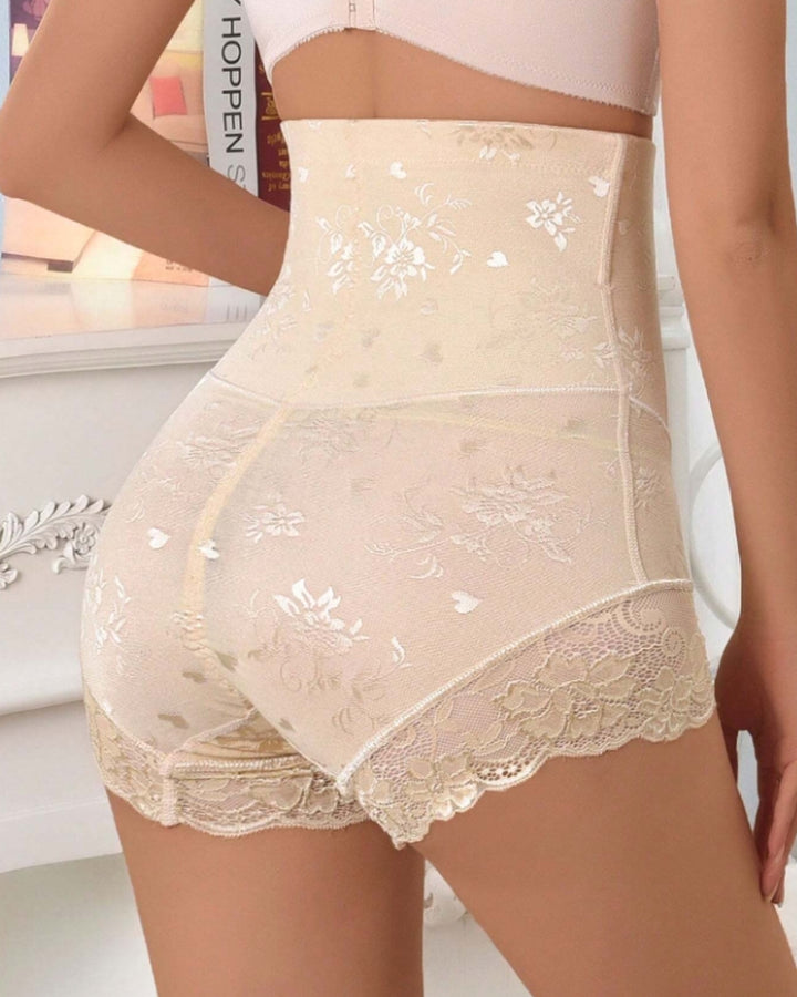 Damen Hohe Taille Blumen Spitze Reißverschluss Bauchweg Unterhosen