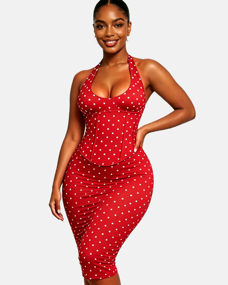 Gepunktetes Midikleid mit Korsett Halter und Schnürung am Rücken
