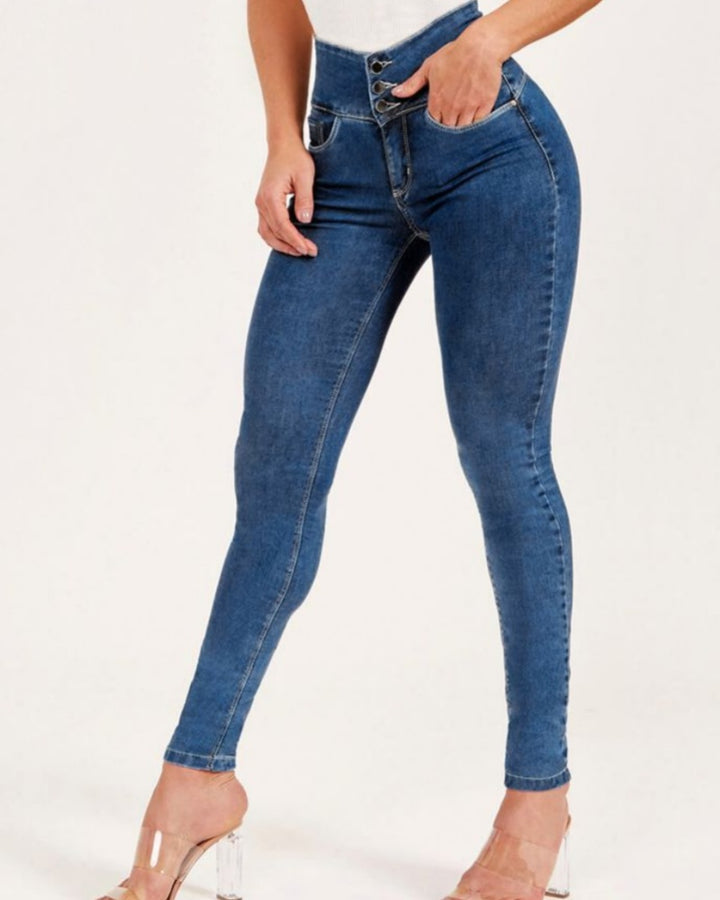 Sexy Skinny Jeans Hohe Taille Schmaler Passform mit Knöpfen