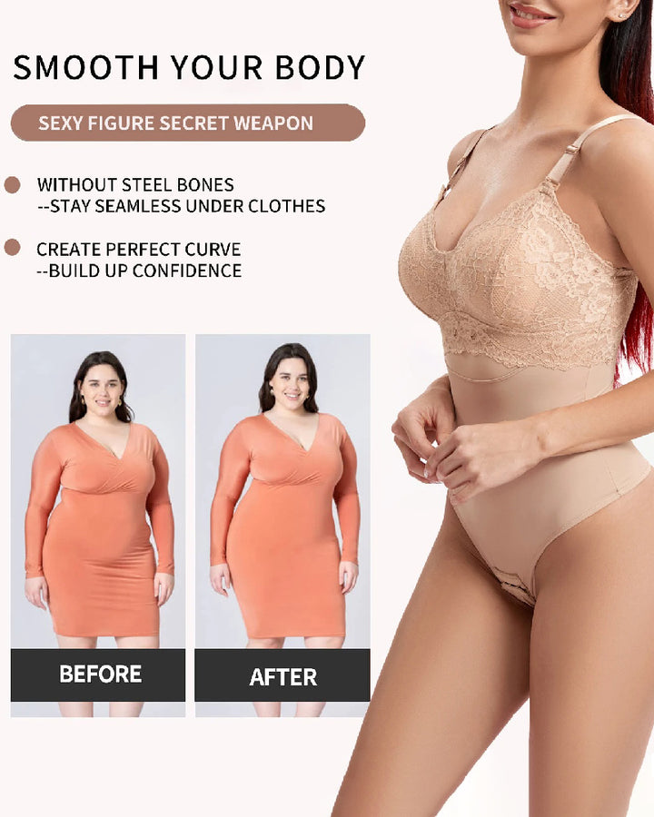 Nahtloser Spitzen Bodysuit Bauchkontrolle Tanga Shapewear mit BH