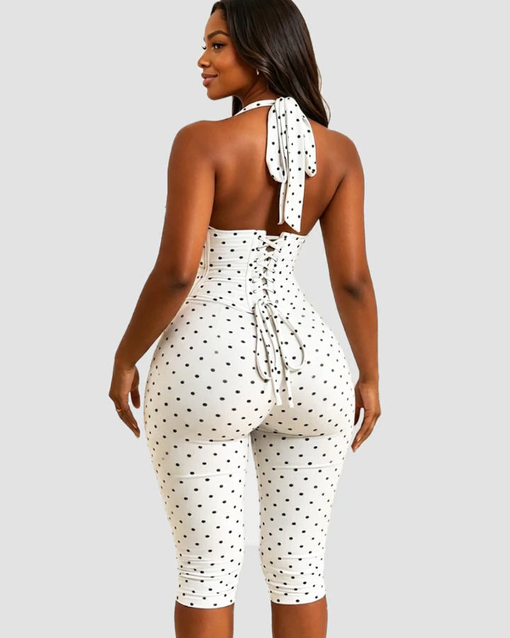 Sanduhrfigur-Figurformer Taillenformer gepunkteter Capri-Jumpsuit zweiteiliges Set