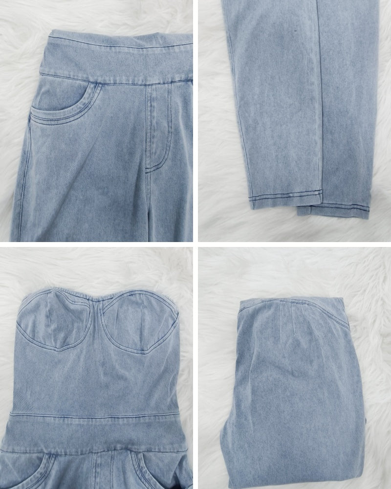 Shapshe® Damen Bandeau Jeans Schmaler Bindeband Hinten Jumpsuit