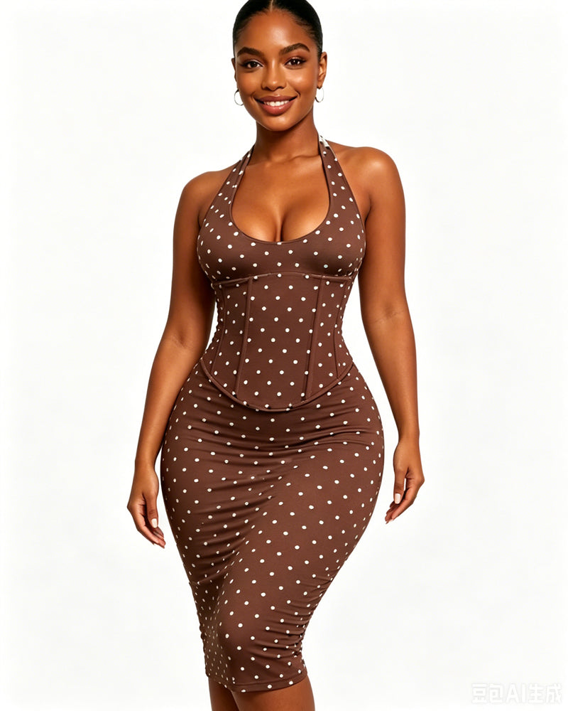 Gepunktetes Midikleid mit Korsett Halter und Schnürung am Rücken