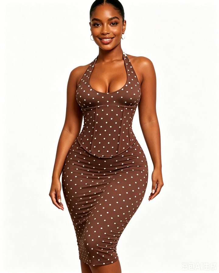 Gepunktetes Midikleid mit Korsett Halter und Schnürung am Rücken