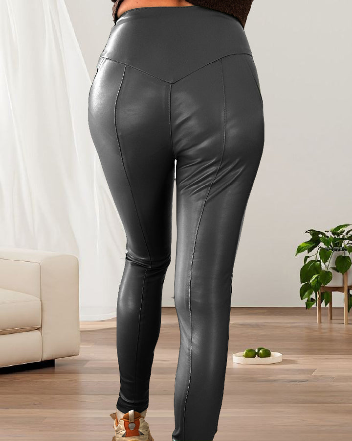 Damen Leder Booty Shaping hohe Taille Elastisch Schmal Leggings Hose