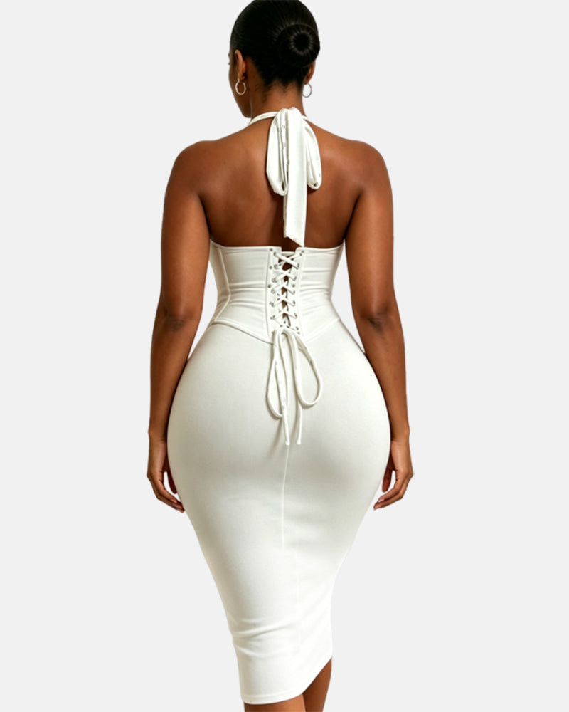 Gepunktetes Midikleid mit Korsett Halter und Schnürung am Rücken