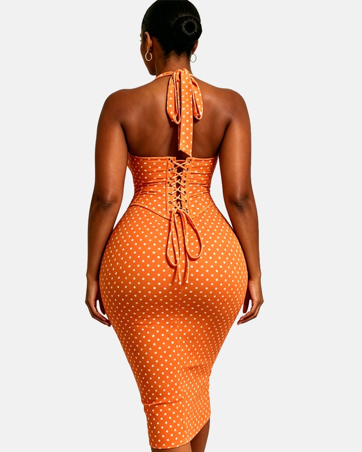 Gepunktetes Midikleid mit Korsett Halter und Schnürung am Rücken