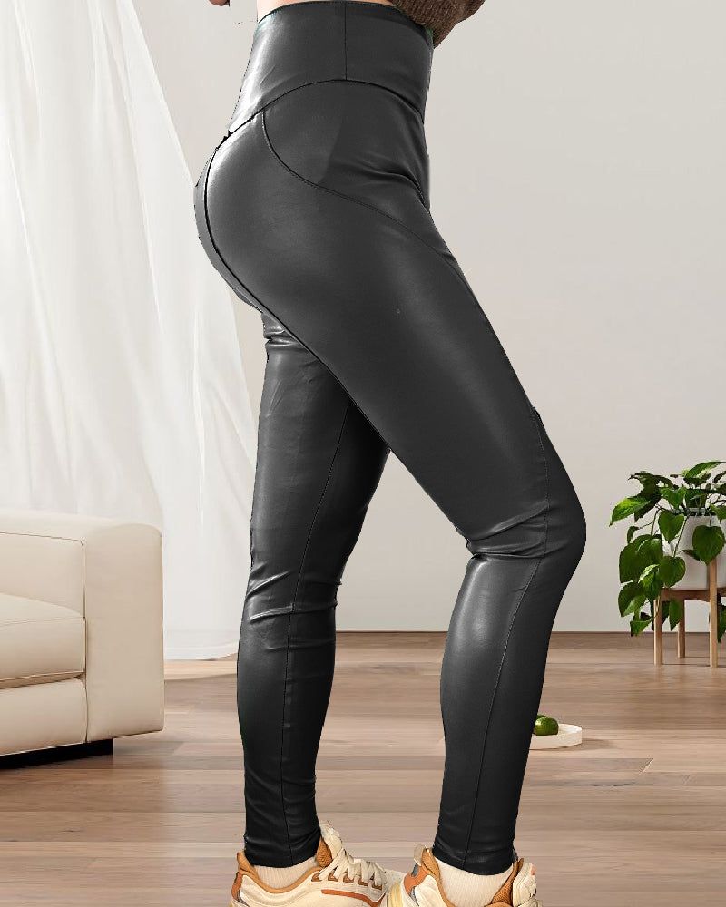 Damen Leder Booty Shaping hohe Taille Elastisch Schmal Leggings Hose