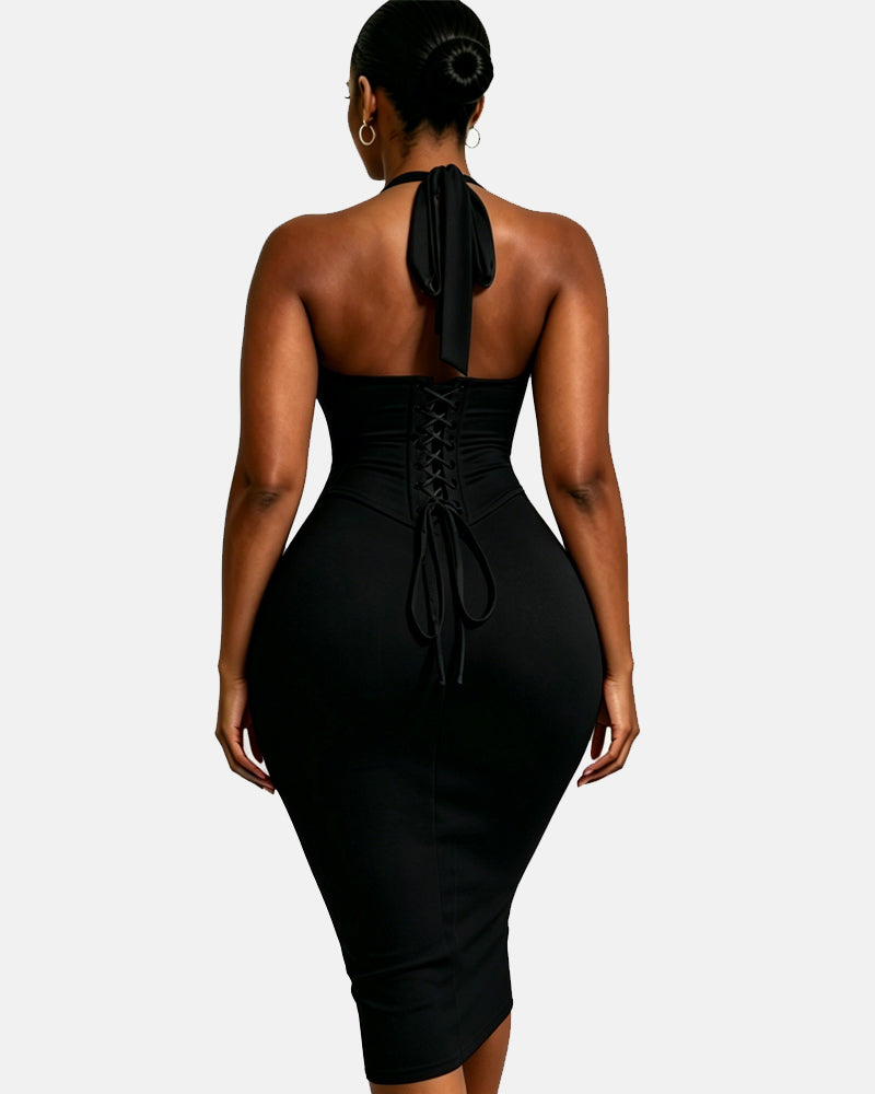 Gepunktetes Midikleid mit Korsett Halter und Schnürung am Rücken