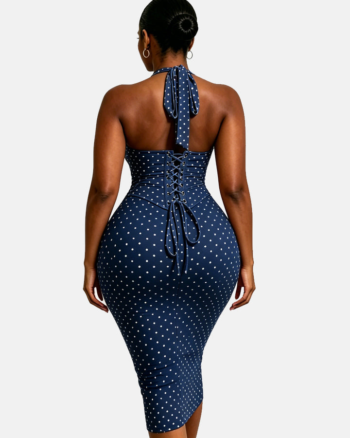 Gepunktetes Midikleid mit Korsett Halter und Schnürung am Rücken