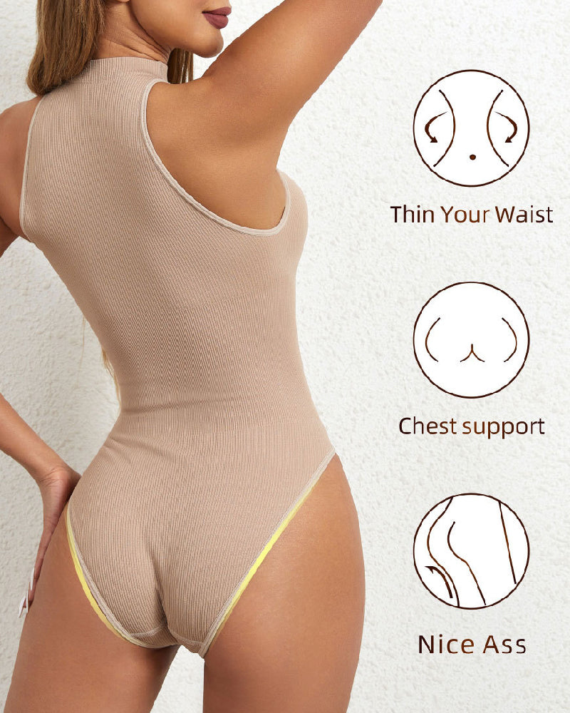 Damen Einteiler Hochkragen Sexy Gerippt Racerback Shapewear Bodysuit