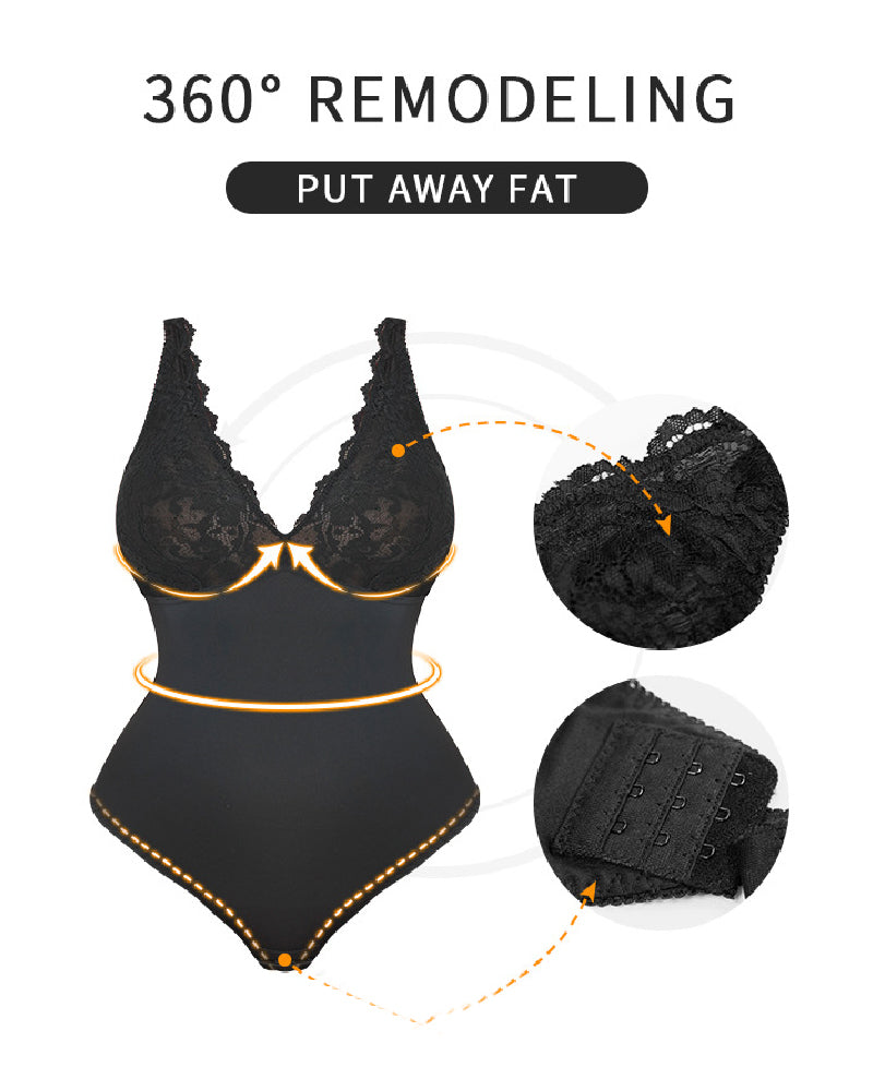 Damen Sexy Spitzen V Ausschnitt Bodysuit Bauchweg Tanga Shaper