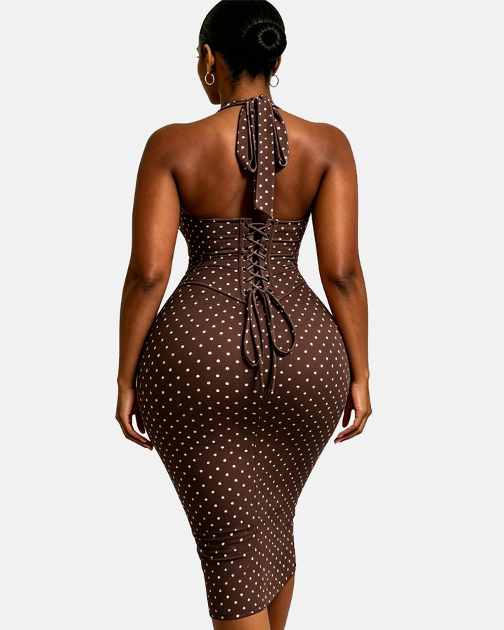 Gepunktetes Midikleid mit Korsett Halter und Schnürung am Rücken