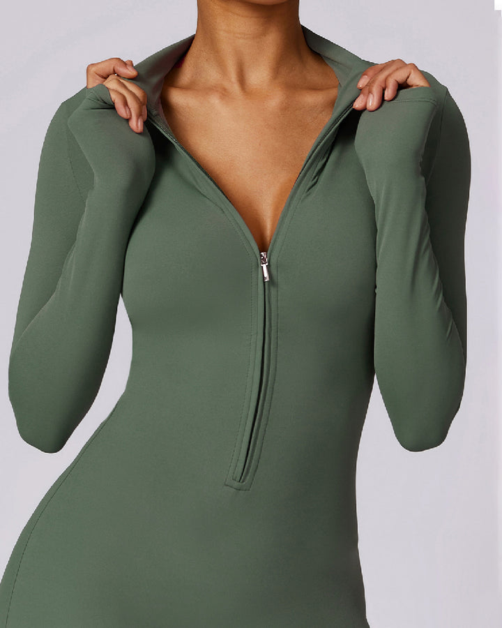 Einteiliger Athleisure Jumpsuit Lange Ärmel Frontreißverschluss Voll Bodysuit