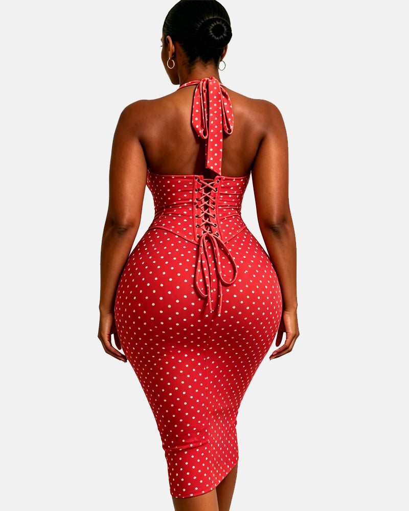Gepunktetes Midikleid mit Korsett Halter und Schnürung am Rücken