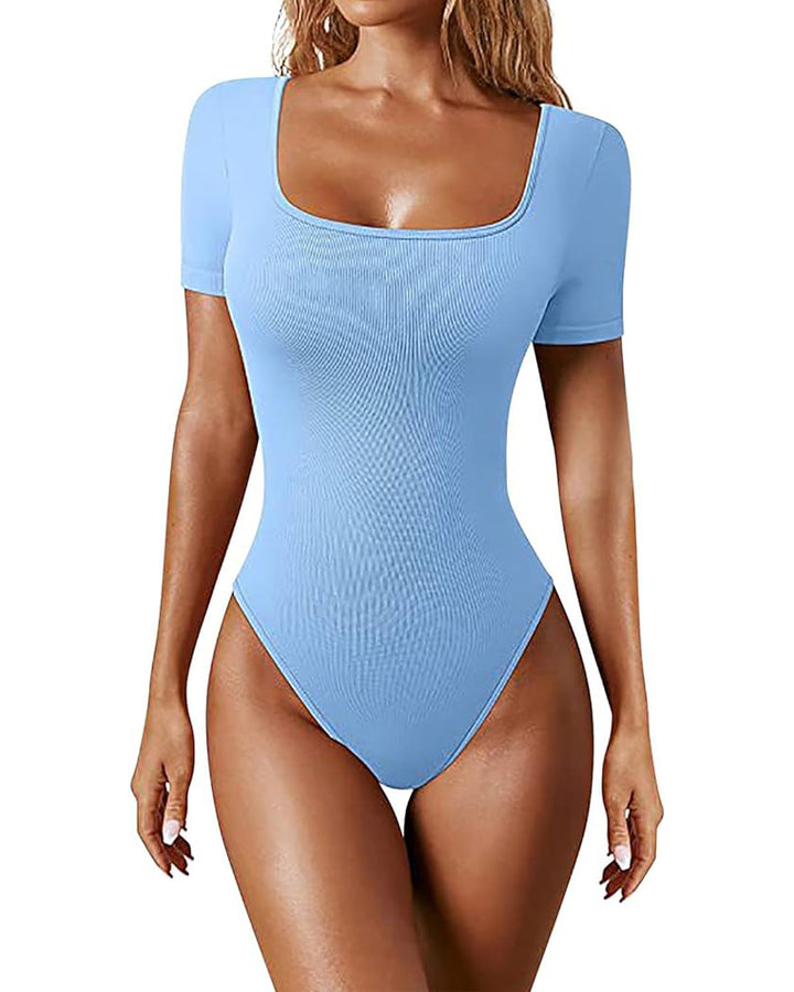 Sexy Gerippter Eckiger Ausschnitt Kurzärmeliger Kragen Tanga Bodysuit