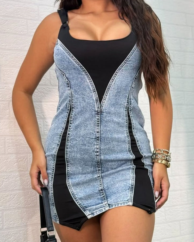 Kontrast Farbe Denim Ärmellos Bodycon Mini Kleid