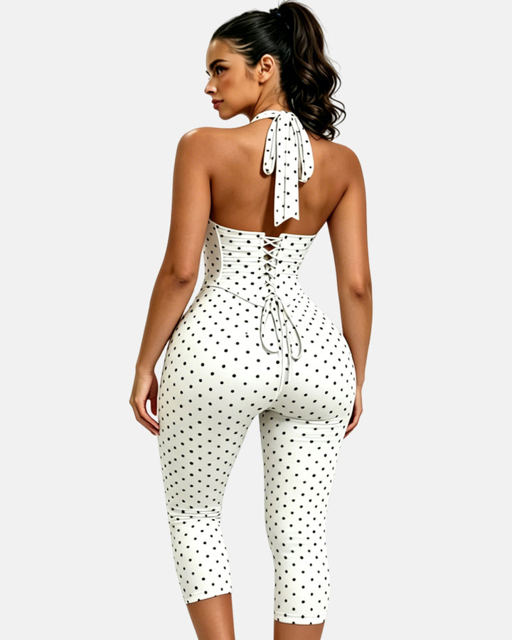 Sanduhrfigur-Figurformer, Taillenformer, gepunkteter Capri-Jumpsuit, zweiteiliges Set