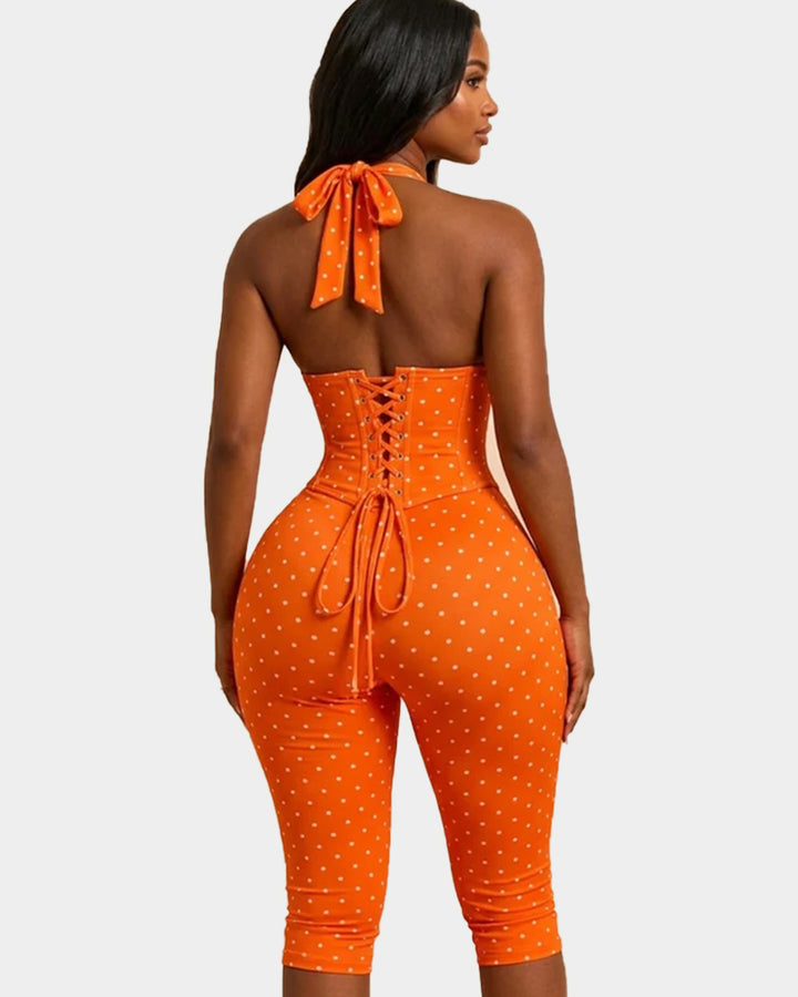 Sanduhrfigur-Figurformer Taillenformer gepunkteter Capri-Jumpsuit zweiteiliges Set
