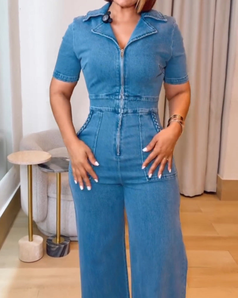 Damen Jeans Overall Kurzarm Locker Gerade Mit Taschen