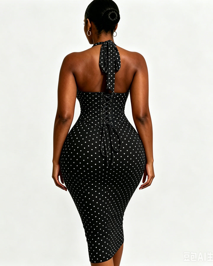Gepunktetes Midikleid mit Korsett Halter und Schnürung am Rücken