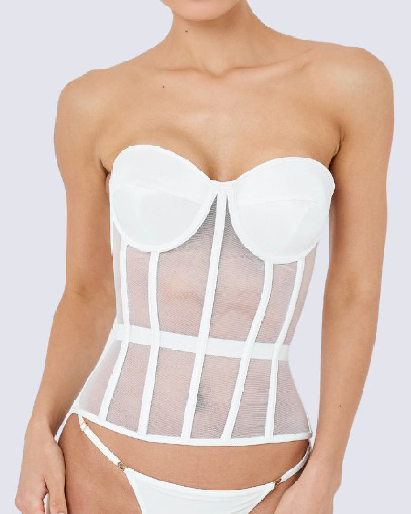 Damen Sexy Mesh Überbrust Korsett Vintage Durchsichtig Bustiers